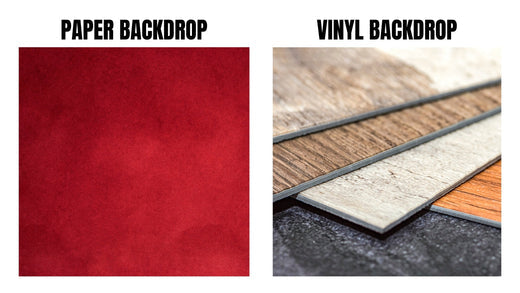 A comparison graphic displaying a textured red paper backdrop on the left and various vinyl backdrops with wood and textured designs on the right, showcasing the differences in material and texture for photography backdrops.